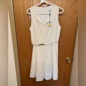 Size 8, Calvin Klein WHITE sleeveless, belted, eyelet skater dress FIT/flare NWT